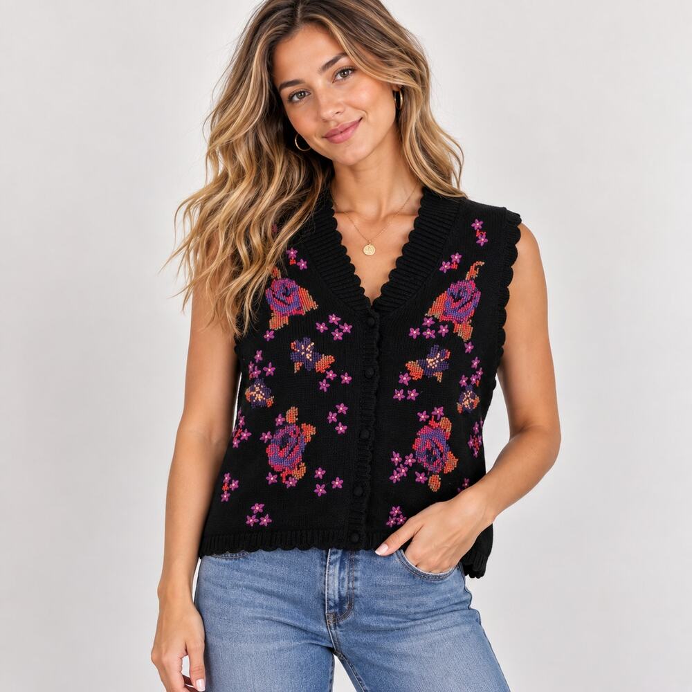 White Stag Sweater Vest Women's Size L Black Floral Embroidered Granny Cottage